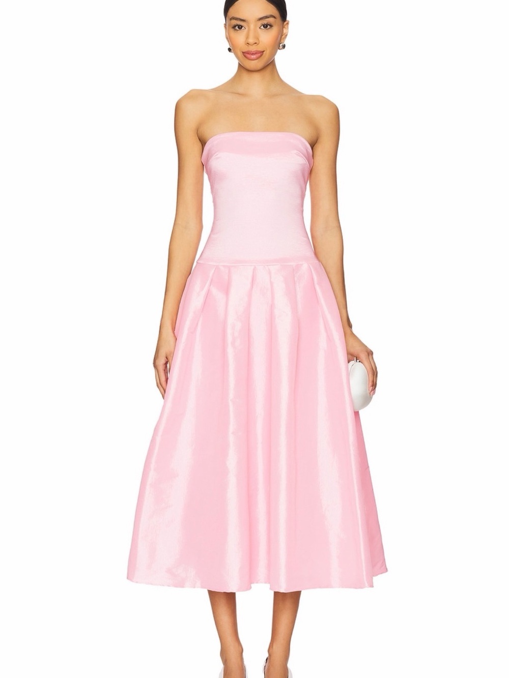 Strapless Pink Midi Dress with Full Skirt